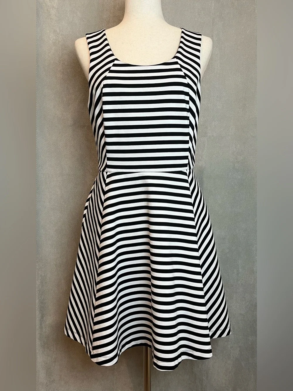 Express Black and White Striped Fit-and-Flare Skater Dress Large
